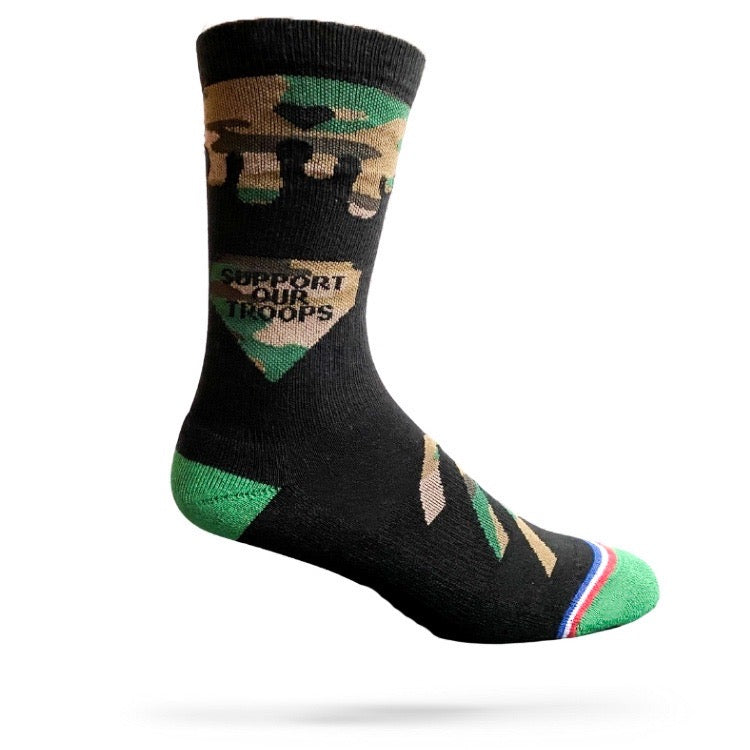 Black crew sock that says 'Support your troops'