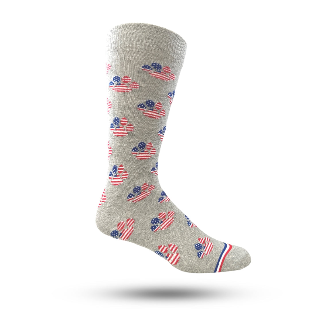 A pair of casual crew socks with a patriotic American flag design in red, white, and blue colors.
