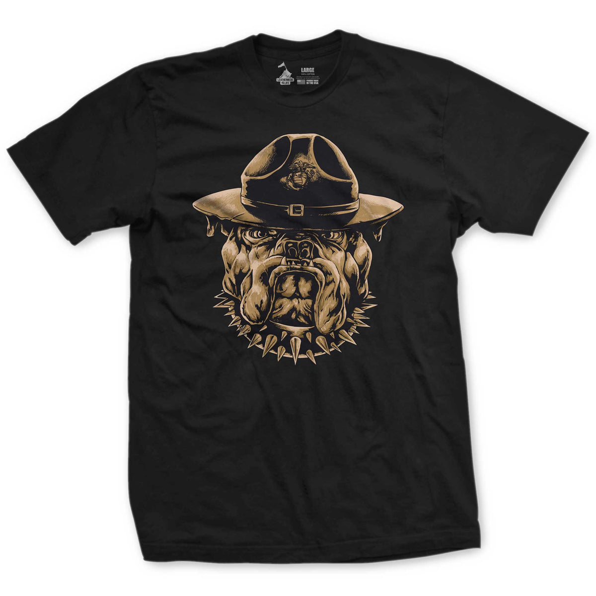 Black t-shirt with a gold printed design of a bulldog wearing a hat.