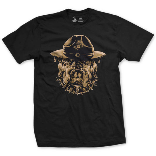 Black t-shirt with a gold printed design of a bulldog wearing a hat.