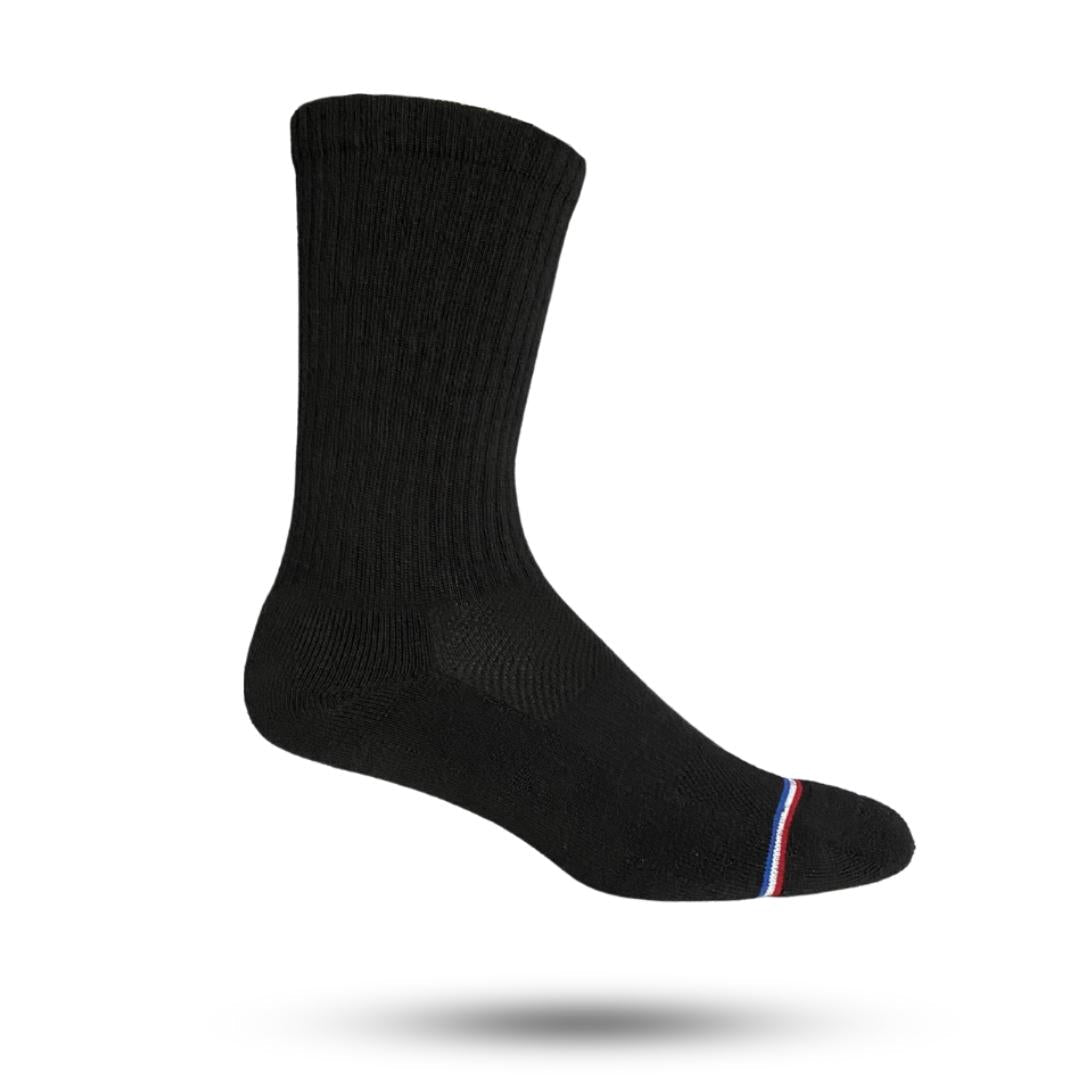 A pair of black merino wool socks with a striped design and a reinforced heel and toe seam.