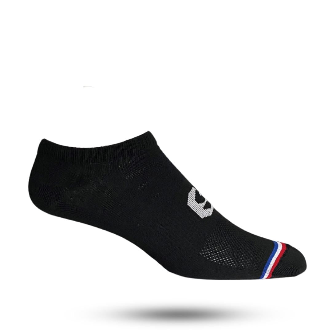 Black no show sock with red white and blue stripe on toes