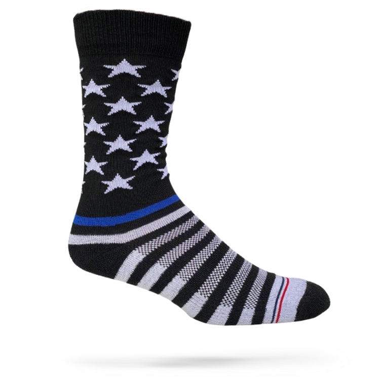 A pair of black, white, and red striped socks with a thin blue line and stars design