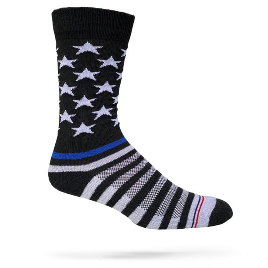 A pair of black, white, and red striped socks with a thin blue line and stars design