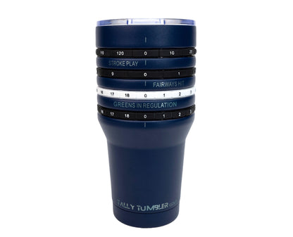 Navy blue tumbler with golf-themed measurements on a white background