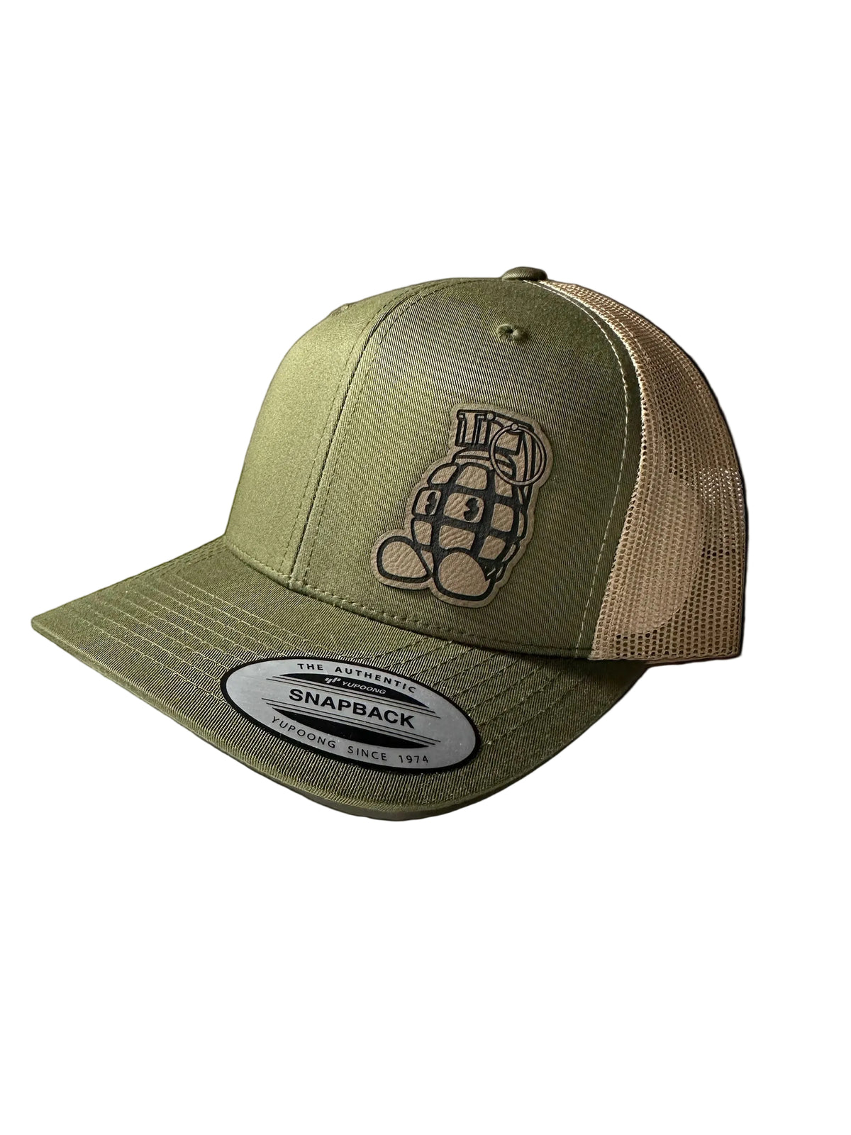 Green and brown snapback cap with a logo on a white background