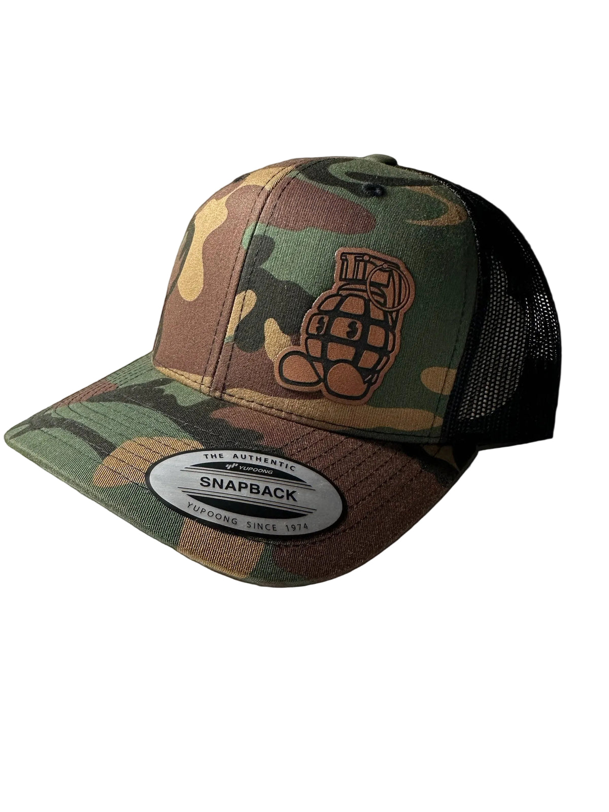 Camouflage snapback cap with a grenade logo on a white background