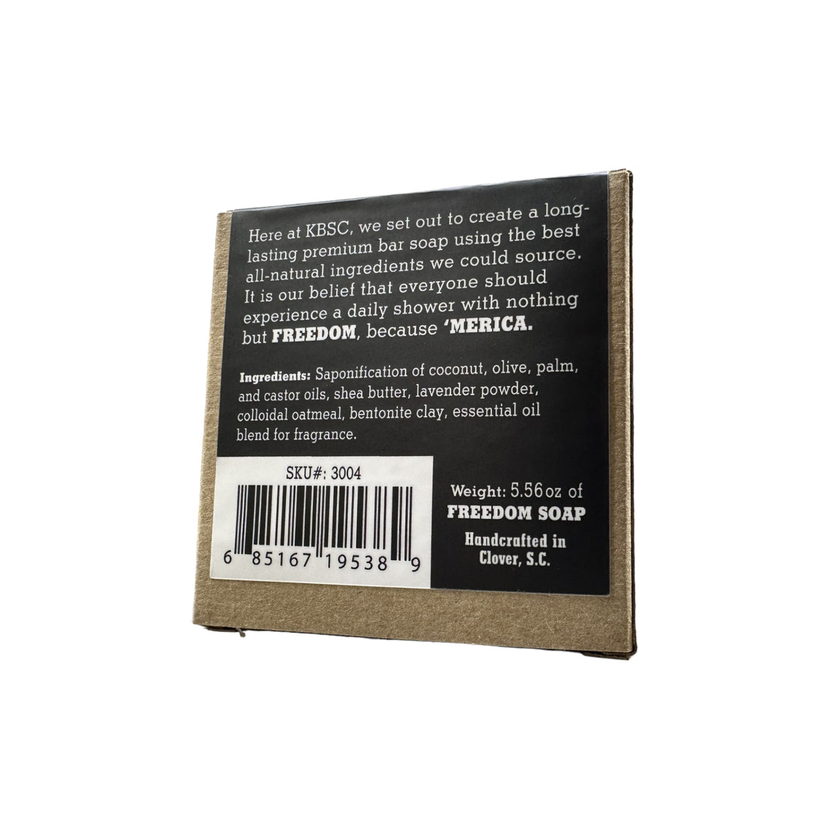 Back of Cash Sales bar soap box with ingredients and weight