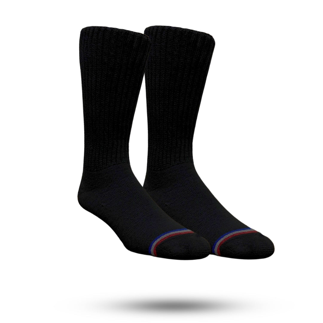 Diabetic crew socks in black with a red, white and blue stripe at toes 