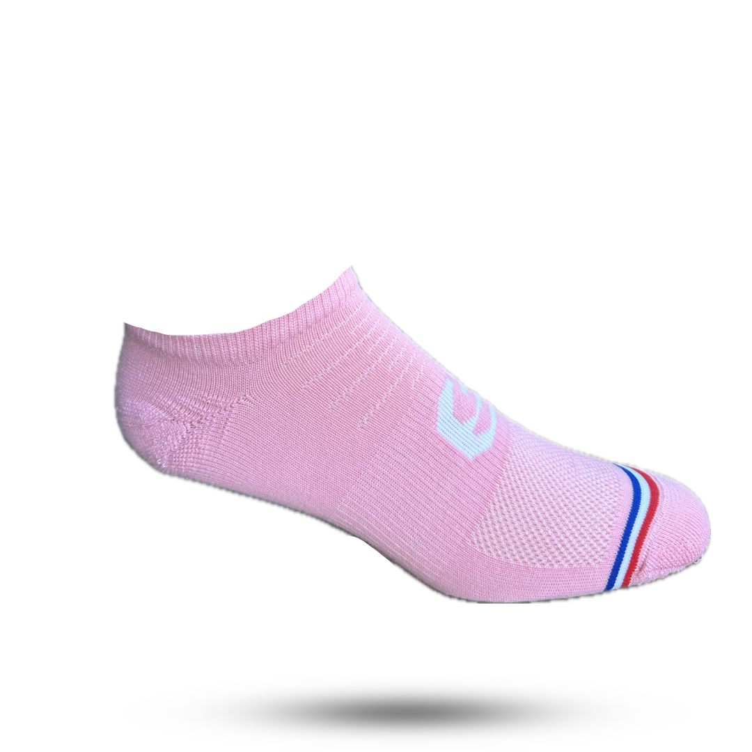 Pink no show sock with red white and blue stripe on toes