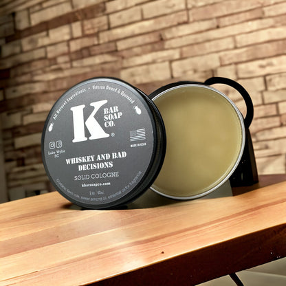 Whiskey & Bad Decisions Solid Cologne grooming product product photo – spice, vanilla – K Bar Soap Co