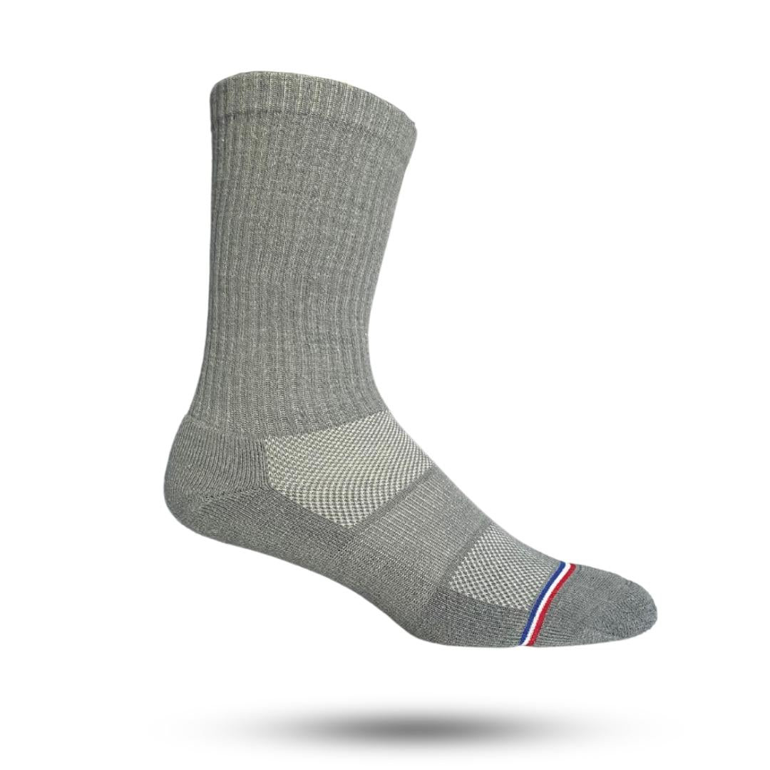 A pair of light gray merino wool socks with a striped design and a reinforced heel and toe seam.