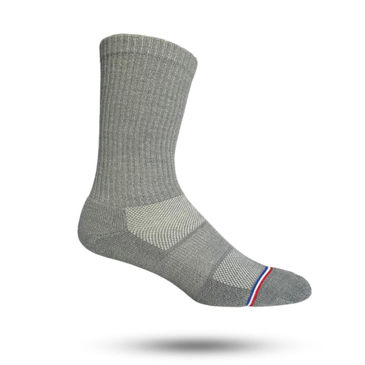 A pair of light gray merino wool socks with a striped design and a reinforced heel and toe seam.