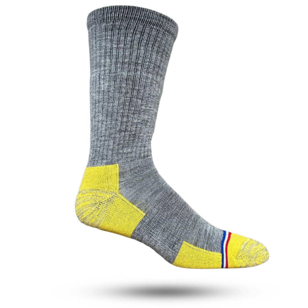 A pair of gray socks with a yellow heel and toe, featuring a reinforced smooth toe seam and a cushioned arch.
