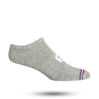 Grey no show socks with red white and blue stripe at toes 