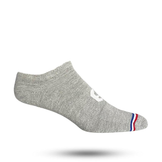 Grey no show socks with red white and blue stripe at toes 