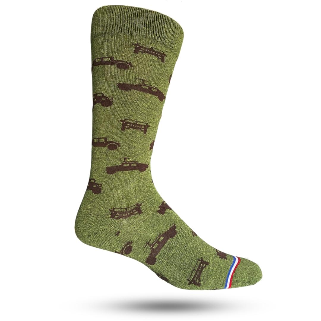 A green crew sock with brown humvee images 