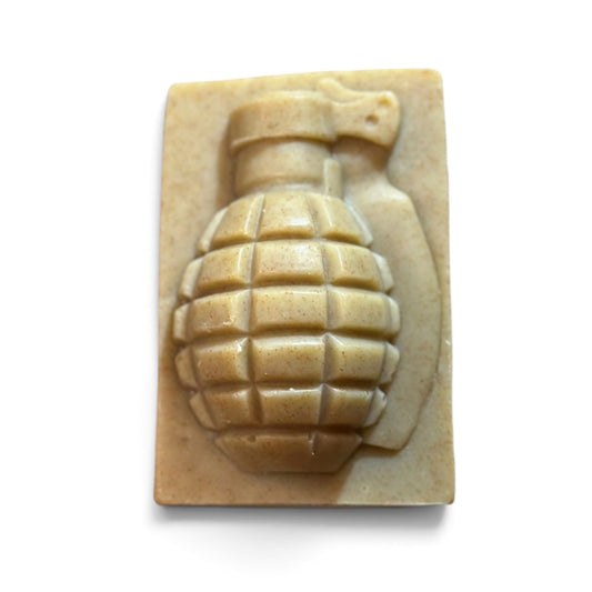 A rectangular with a grenade in the middle soap design 