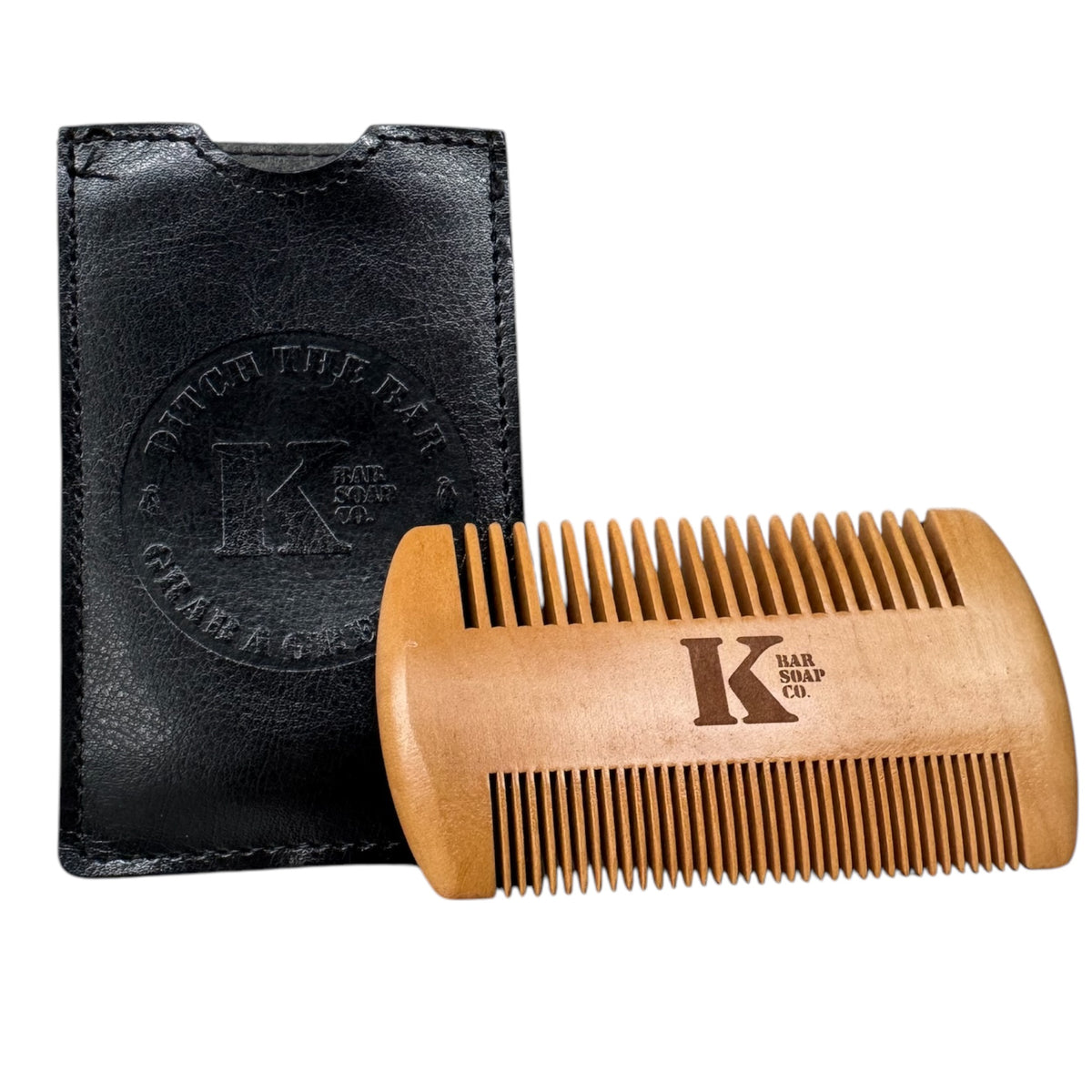 Wooden comb with Kbar Soap logo and black leather case 