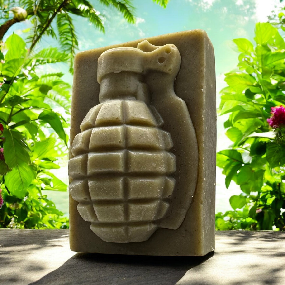 Bushwacker grenade soap bar in a tropical garden