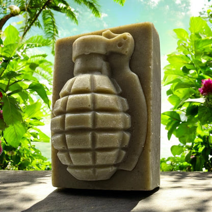 Bushwacker grenade soap bar in a tropical garden