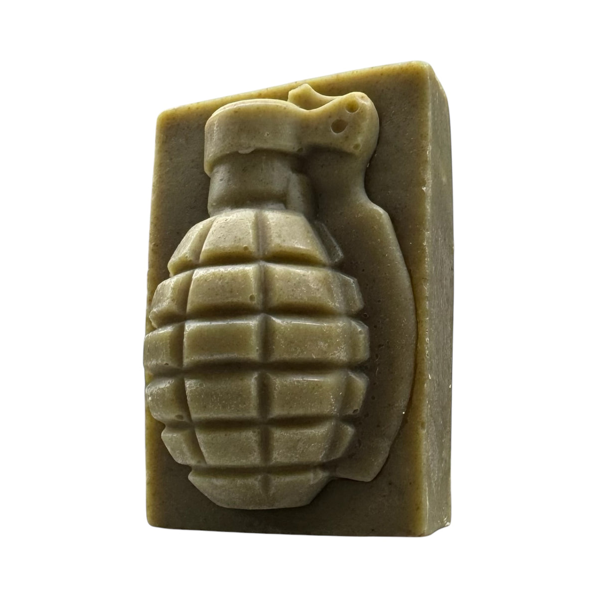 Bushwacker grenade soap bar, cinnamon, clove, citrus and juniper, front view