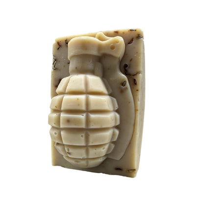 4th Battalion grenade soap bar with lavender petals and Roman chamomile, front view