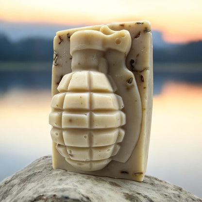 4th Battalion lavender chamomile grenade soap bar by a lake at sunset