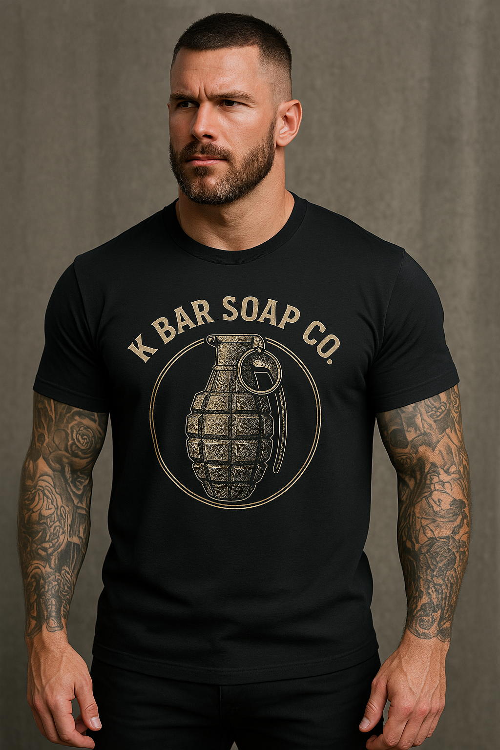 Man wearing the black Vintage Nade K Bar Soap Co t-shirt
