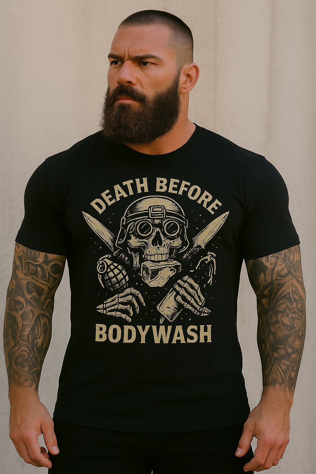 Man wearing black T-shirt that says ' Death Before Bodywash' with skeleton with grenade 
