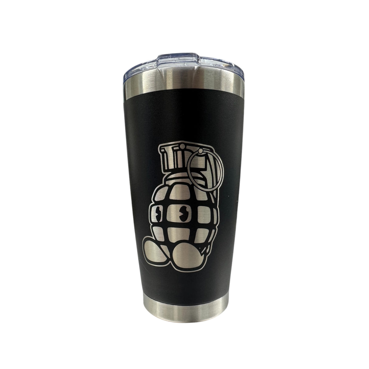 Black Boomer 20 oz stainless steel tumbler with grenade design