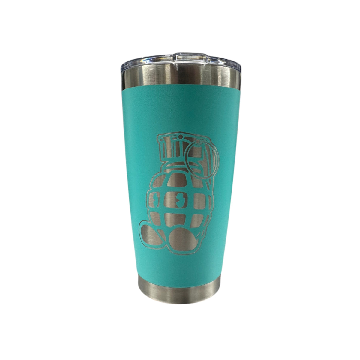 Teal Boomer 20 oz stainless steel tumbler with grenade design