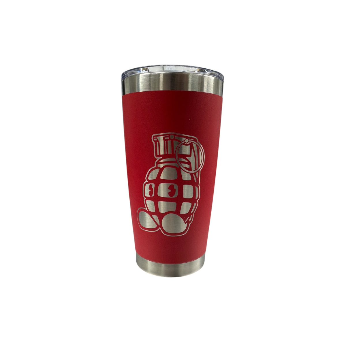 Red Boomer 20 oz stainless steel tumbler with grenade design