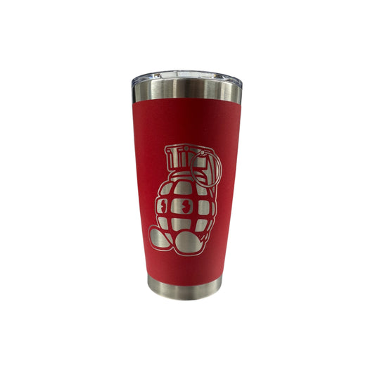 A red 20oz stainless steel tumbler with a white grenade design on the front.