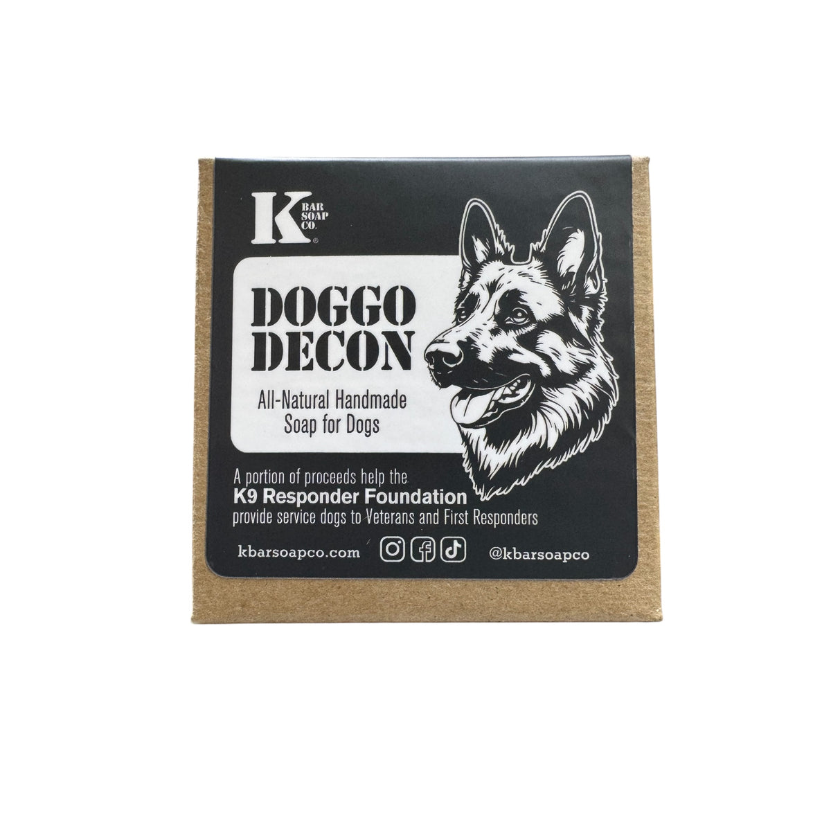 Doggo Decon all-natural dog shampoo bar in its box, front