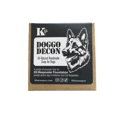 Doggo Decon all-natural dog shampoo bar in its box, front
