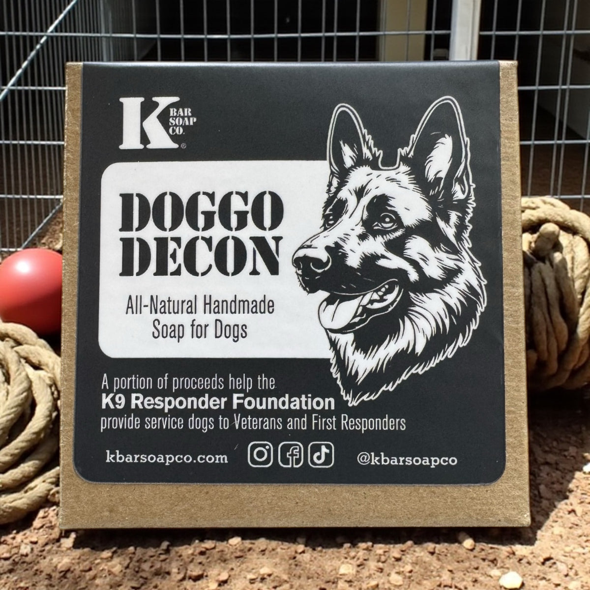 Doggo Decon natural dog shampoo bar box with German Shepherd illustration