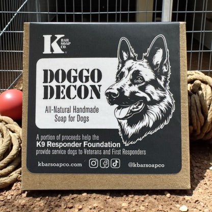 Doggo Decon natural dog shampoo bar box with German Shepherd illustration