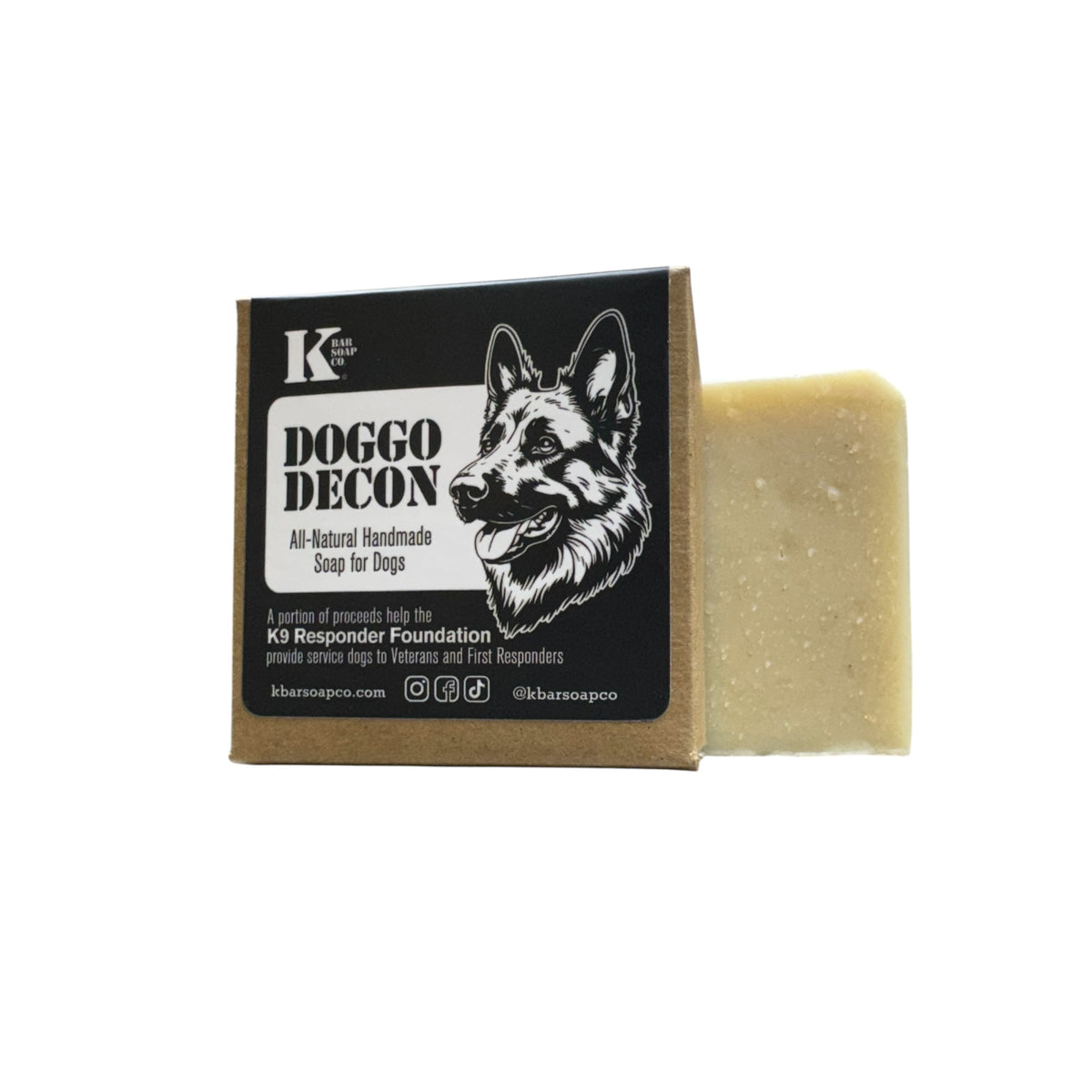 Doggo Decon dog shampoo bar next to its box