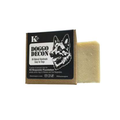 Doggo Decon dog shampoo bar next to its box