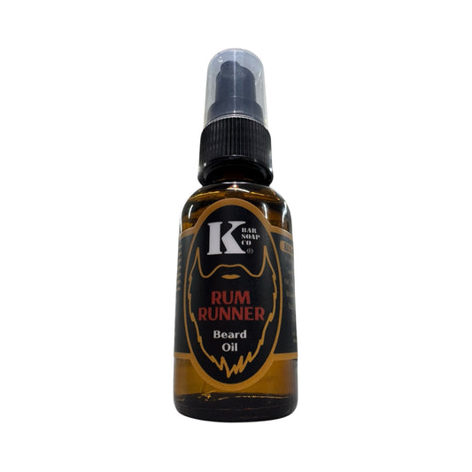 Bottle of Rum Runner Beard Oil with a black cap on a white background