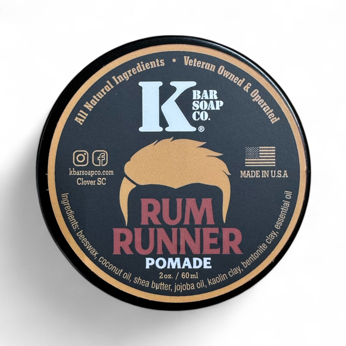Rum Runner natural hair pomade tin, citrus and spice scent, top view