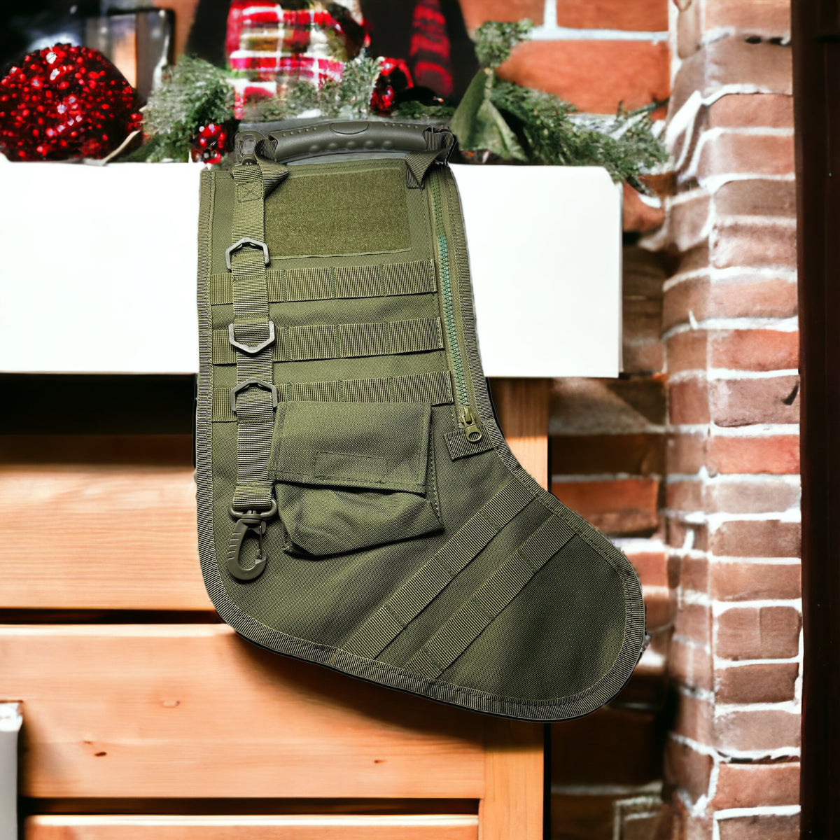 OD green tactical Christmas stocking hanging on a brick mantel