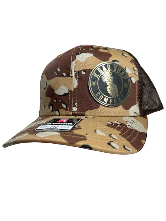 Camouflage baseball cap with a logo on a white background