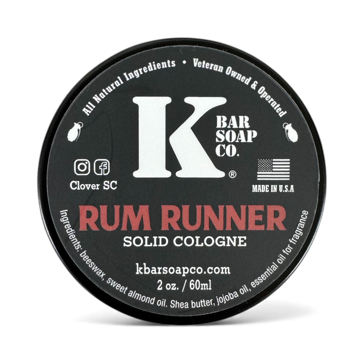 K Bar Soap Co. Rum Runner solid cologne container on a white background