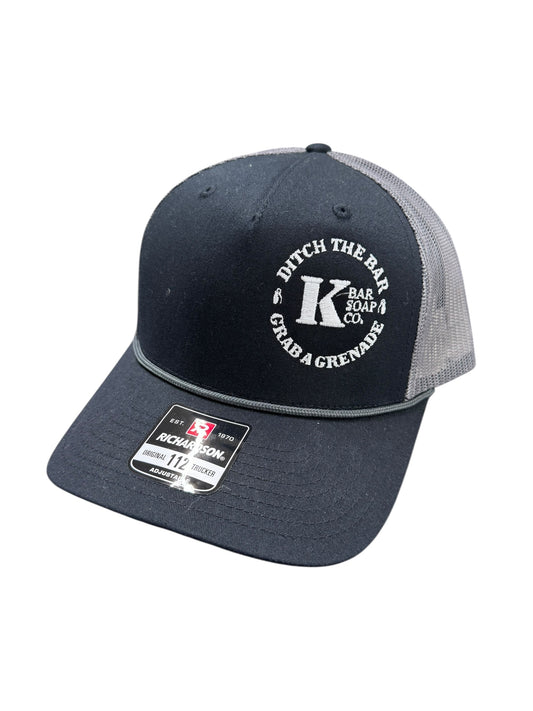 Navy blue and gray cap with brand logo on a white background