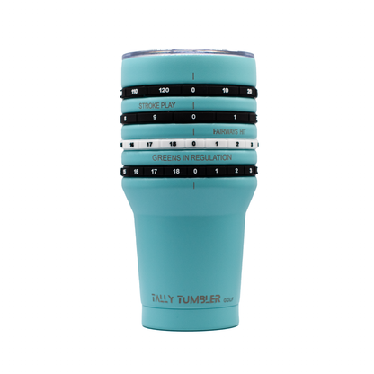 Teal tumbler with golf-themed measurements on a white background