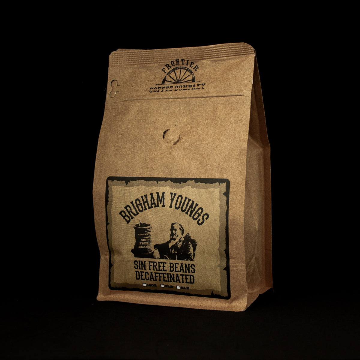 A package of Brigham Young's Decaf coffee with a dark, rustic brown paper bag and a label featuring an image of Brigham Young.