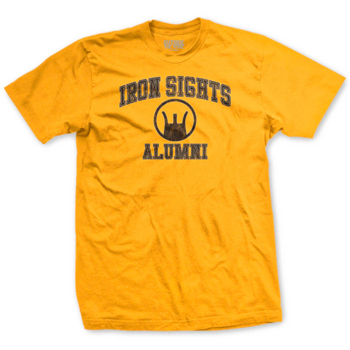 Yellow t-shirt with 'IRON SIGHTS ALUMNI' text and a leatherneck logo on the front.