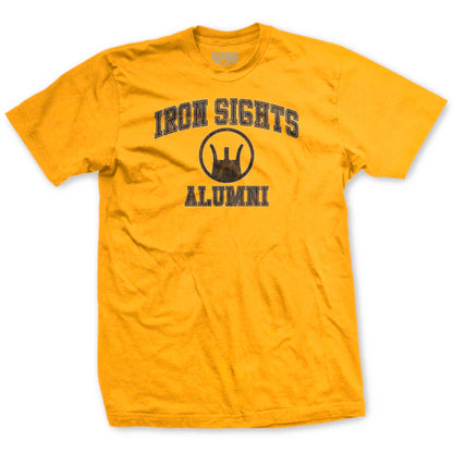 Yellow t-shirt with 'IRON SIGHTS ALUMNI' text and a leatherneck logo on the front.